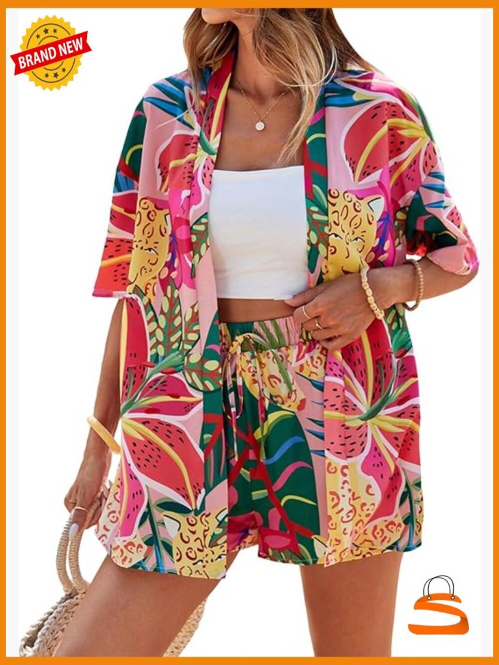 Tropical Print Kimono & Shorts Set - Women's Summer 2 Piece Outfit